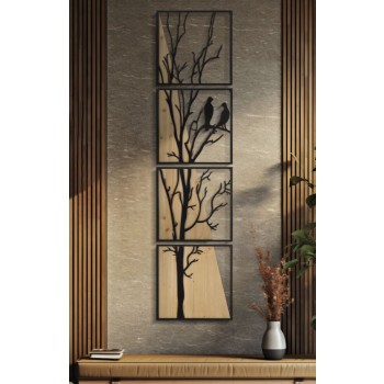 PANNEAU MURAL OISEAU ENSEMBLE FER ET BOIS 4PCS