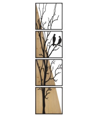 PANNEAU MURAL OISEAU ENSEMBLE FER ET BOIS 4PCS