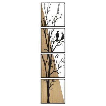 PANNEAU MURAL OISEAU ENSEMBLE FER ET BOIS 4PCS