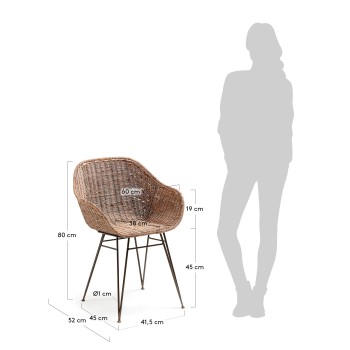 Sedia Chart in rattan e gambe in acciaio finitura o grigio, rattan naturale