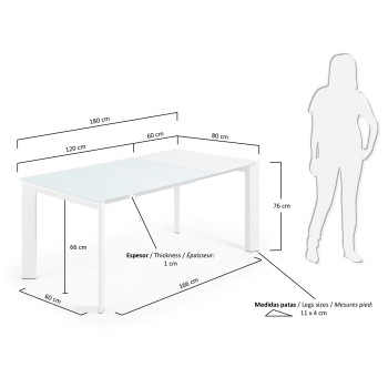 Table extensible Axis en verre blanc et pieds en verre blanc