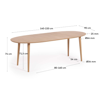 Table ovale extensible Oqui en placage chêne Ø140