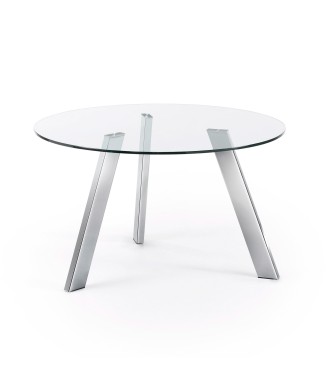 Table ronde Carib en verre et pieds en acier transparent