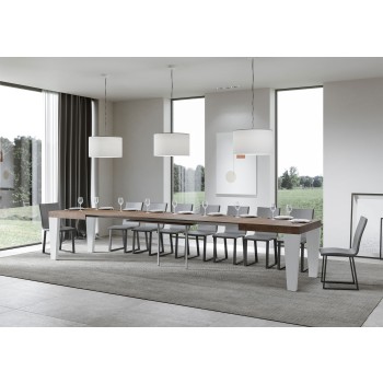 Table Spimbo Mix - Table extensible 90x130/390 cm Plateau Spimbo Mix Frêne Blanc - Pieds noyer